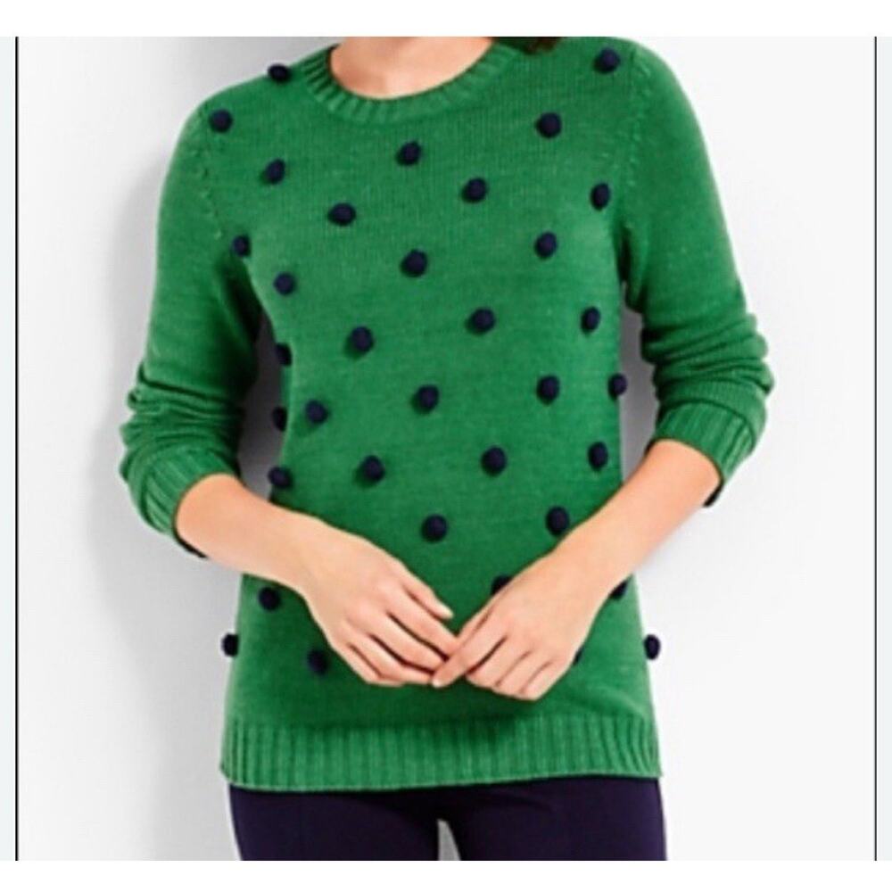 Talbots Sweater Womens Medium Petite Long Sleeve Pom Pom Green Back‎ Zip Soft